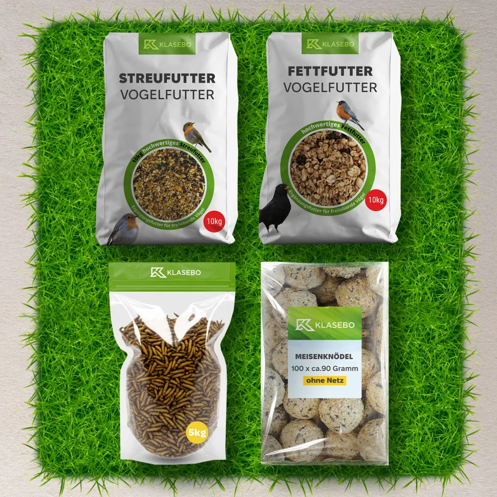 Premium Wildvogel Futter-Set  - Streufutter 10kg, getrocknete Soldatenfliegenlarven 5kg, Fettkugeln 100 Stk. à 90g, Hochenergie Suet-Mix 10kg