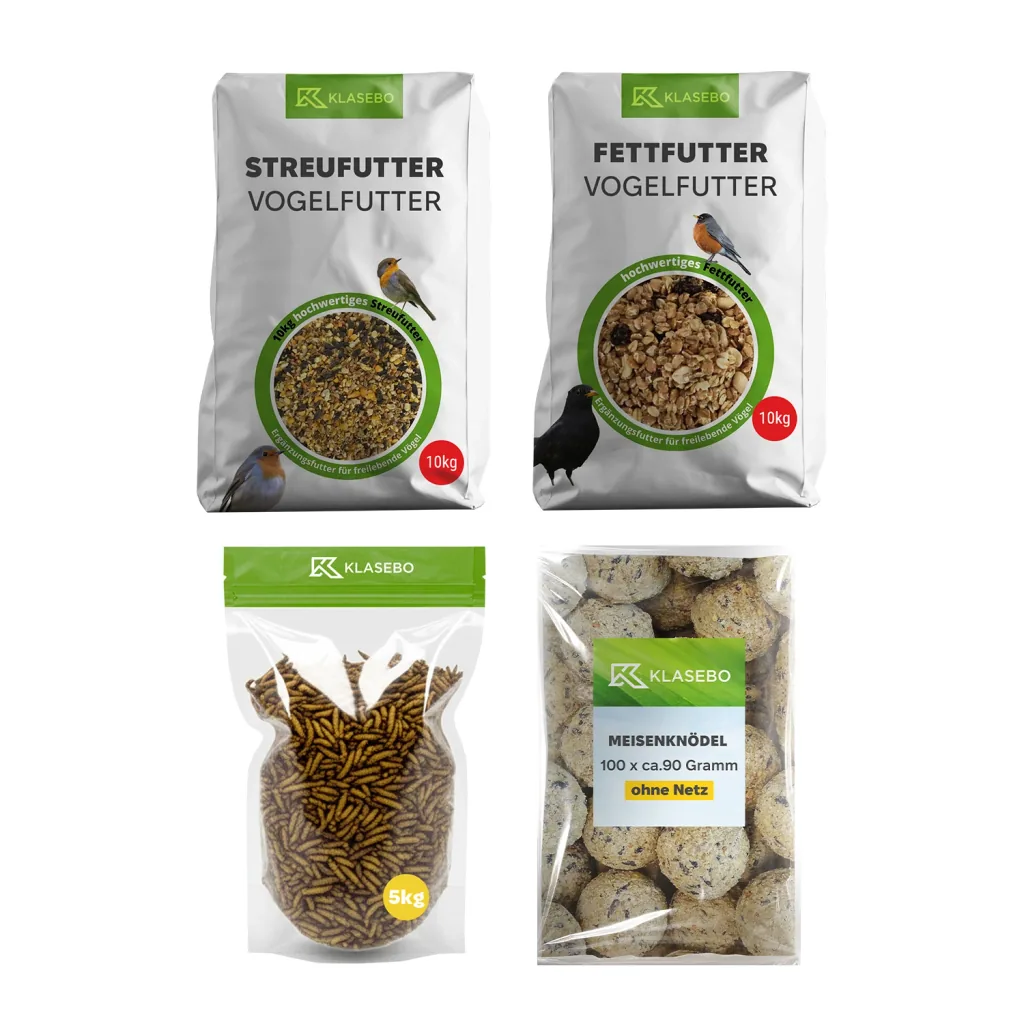 Premium Wildvogel Futter-Set  - Streufutter 10kg, getrocknete Soldatenfliegenlarven 5kg, Fettkugeln 100 Stk. à 90g, Hochenergie Suet-Mix 10kg