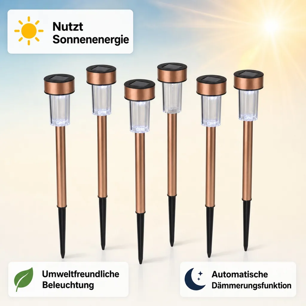 Solar Leuchten aus Edelstahl in Kupferoptik - 6er Set