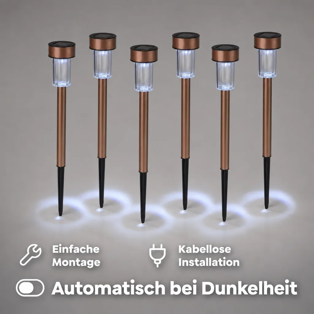 Solar Leuchten aus Edelstahl in Kupferoptik - 6er Set