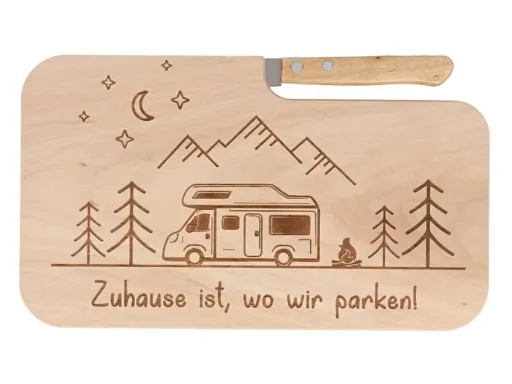 Schneidebrett "Camping" mit Messer
