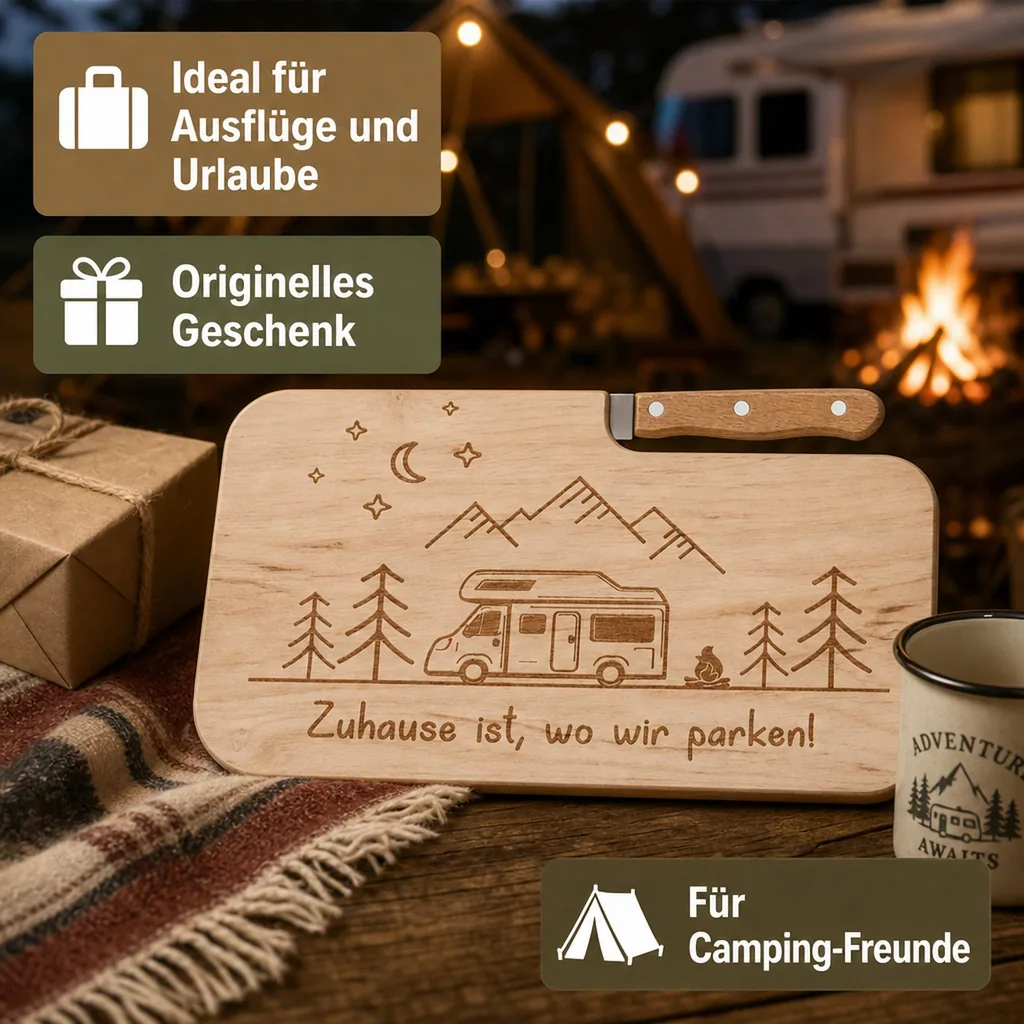 Schneidebrett "Camping" mit Messer