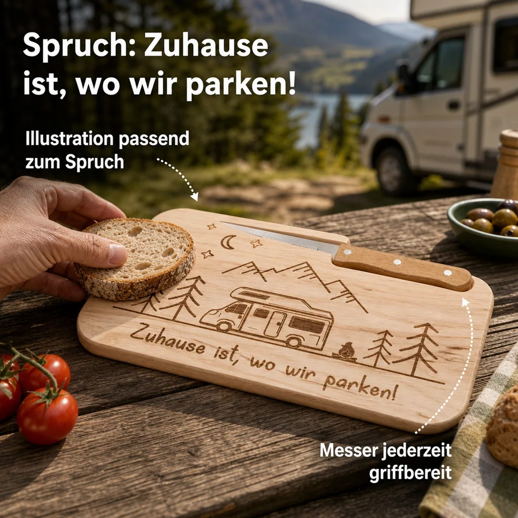 Schneidebrett "Camping" mit Messer