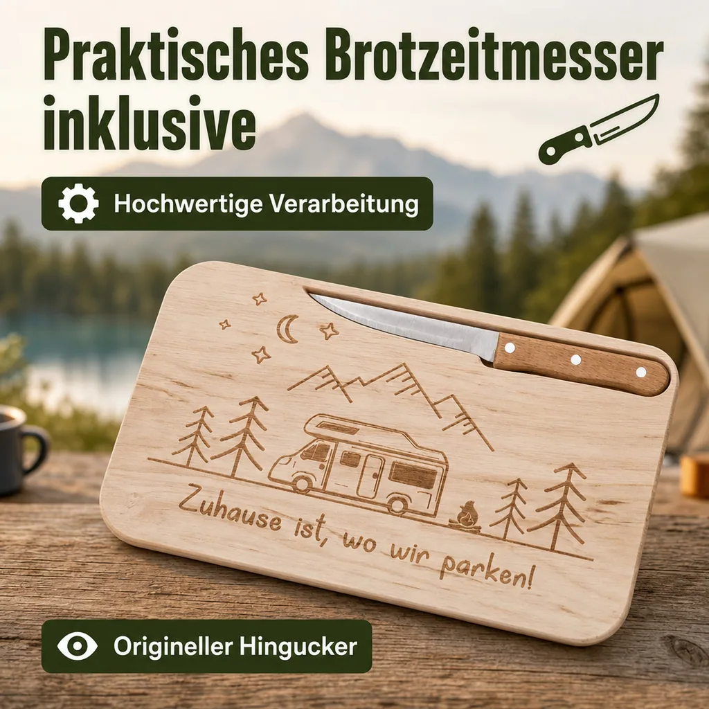 Schneidebrett "Camping" mit Messer