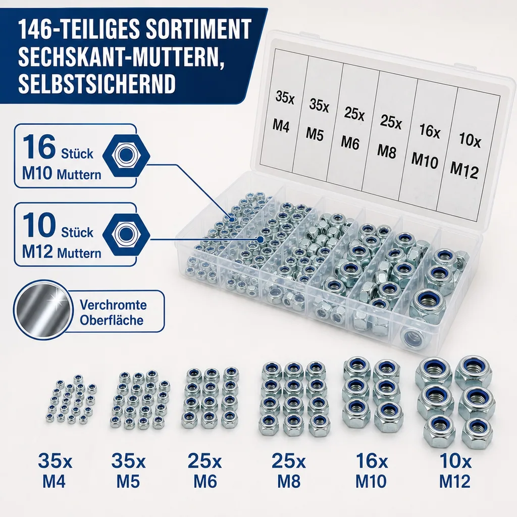 Sechskant-Muttern-Sortiment, selbstsichernd, 146-tlg.