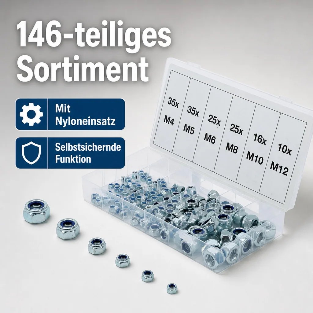 Sechskant-Muttern-Sortiment, selbstsichernd, 146-tlg.