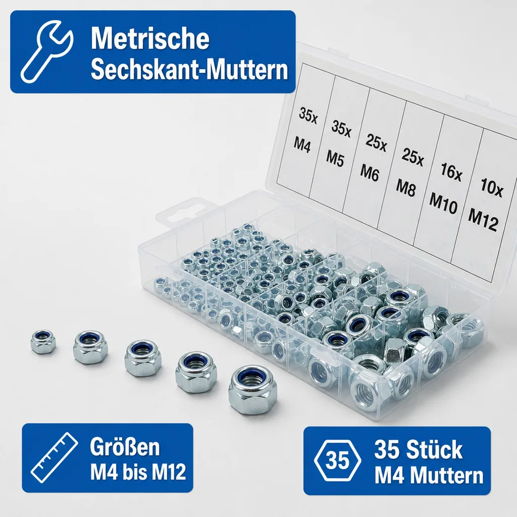Sechskant-Muttern-Sortiment, selbstsichernd, 146-tlg.