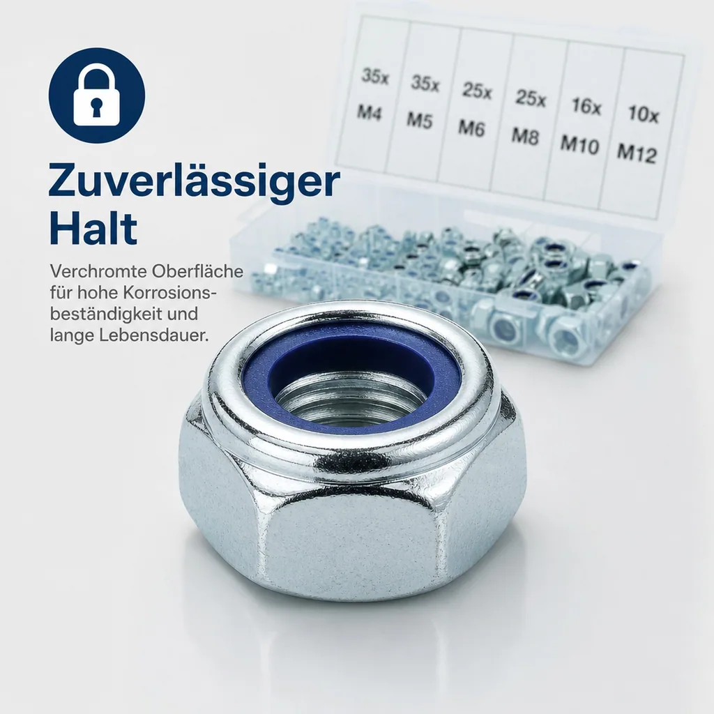 Sechskant-Muttern-Sortiment, selbstsichernd, 146-tlg.