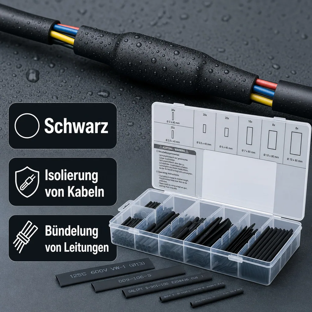 Schrumpfschlauch-Sortiment, schwarz, 127-tlg.