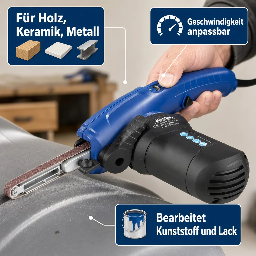 Elektrische Feile 400 W mit 12 Schleifbändern