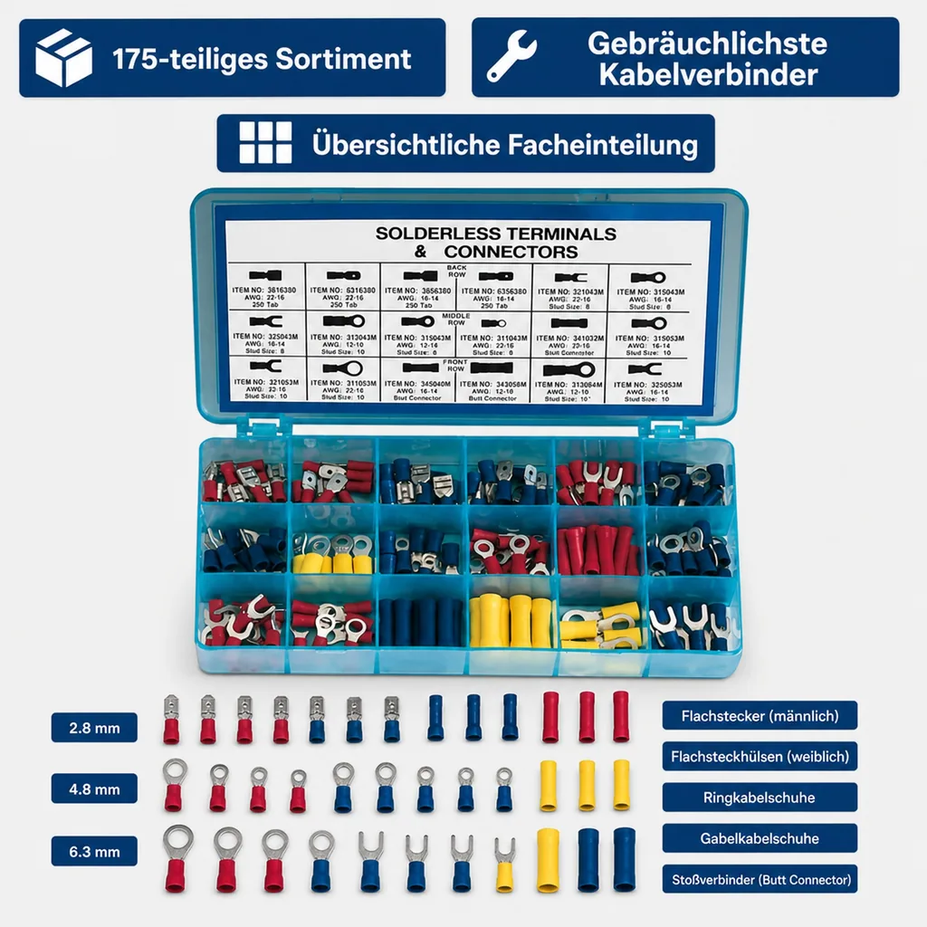 Flachstecker und Kabelverbinder-Sortiment 175-teilig