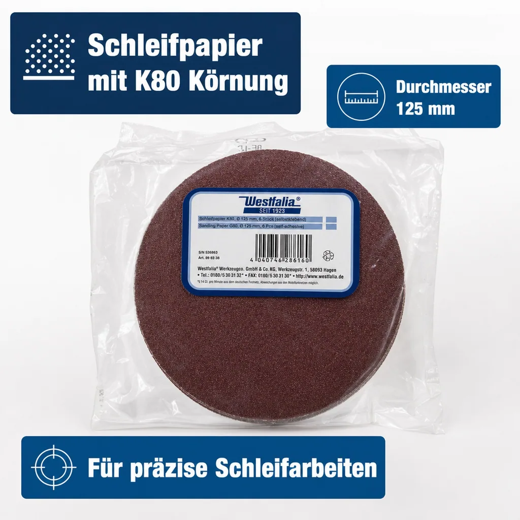 Schleifpapier K80, Durchmesser 125 mm, selbstklebend, 6 Stück