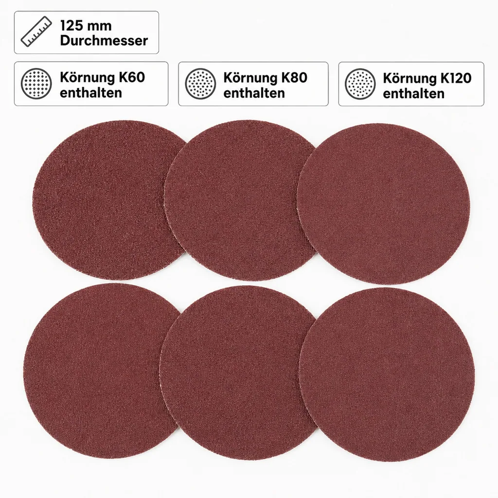 Schleifpapier Set, Durchmesser 125 mm, selbstklebend, 6 Stück (je 2 x K60-K80-K120)