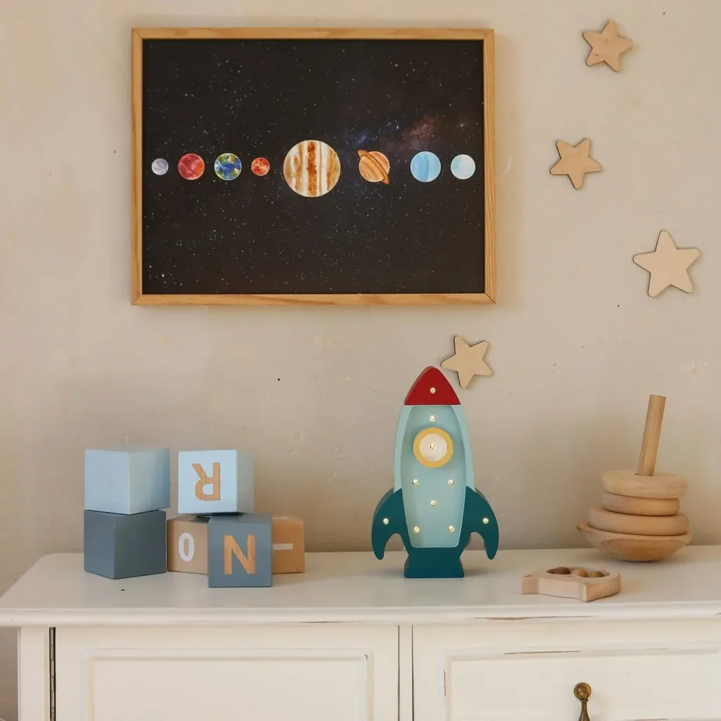 Little Lights Nachtlicht Kinder, Nachtlampe Mini-Raketenschiff - 100% Kiefernholz natur, Farbe: Retroblau