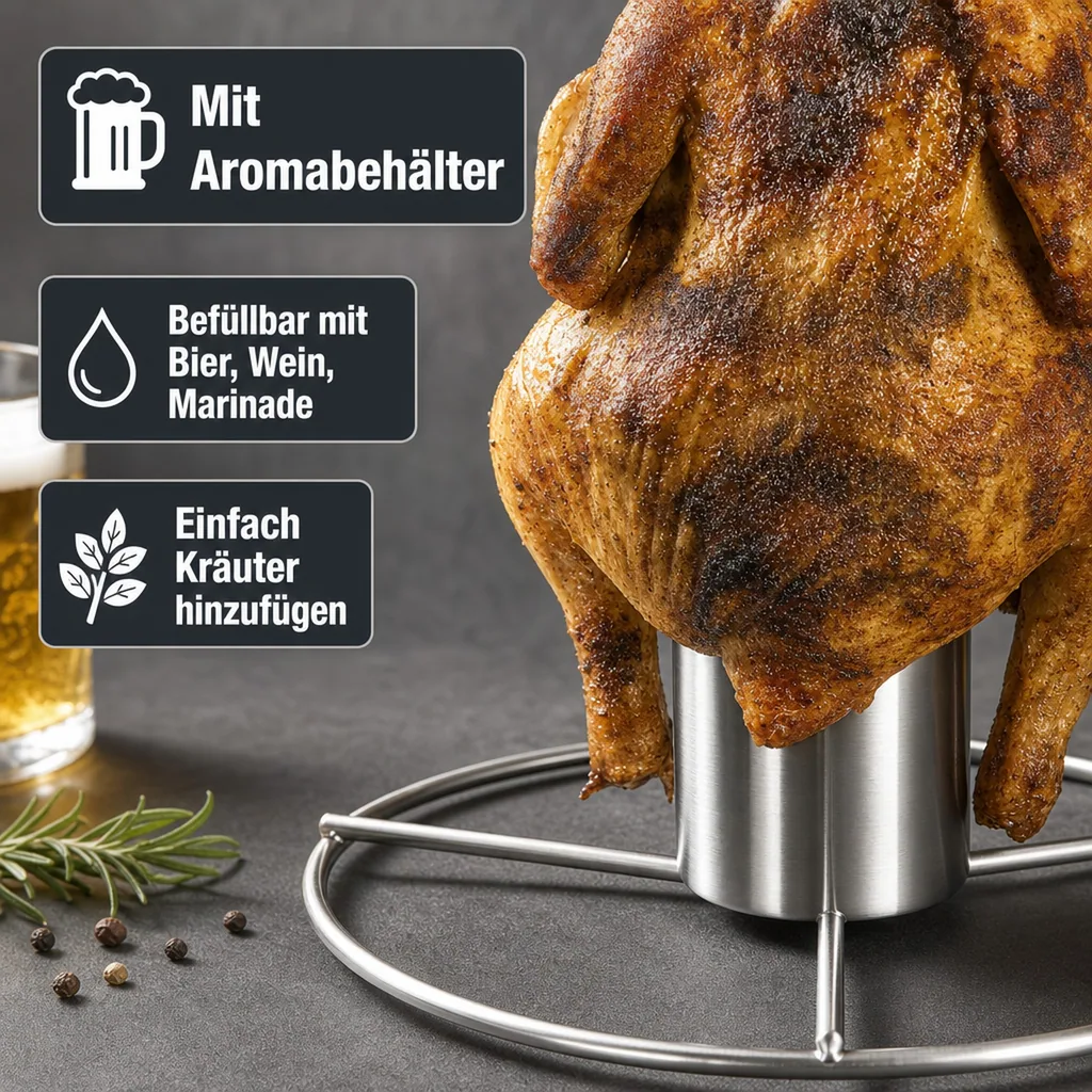 Grill-Hähnchenhalter mit Aromabehälter, Edelstahl