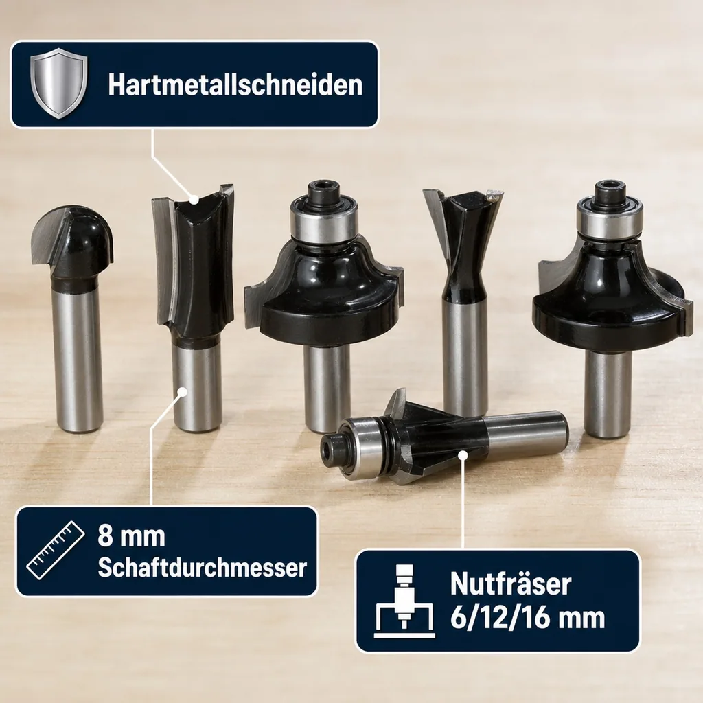 HM Fräsersatz 13-teilig (Oberfräsen), 8mm Schaft