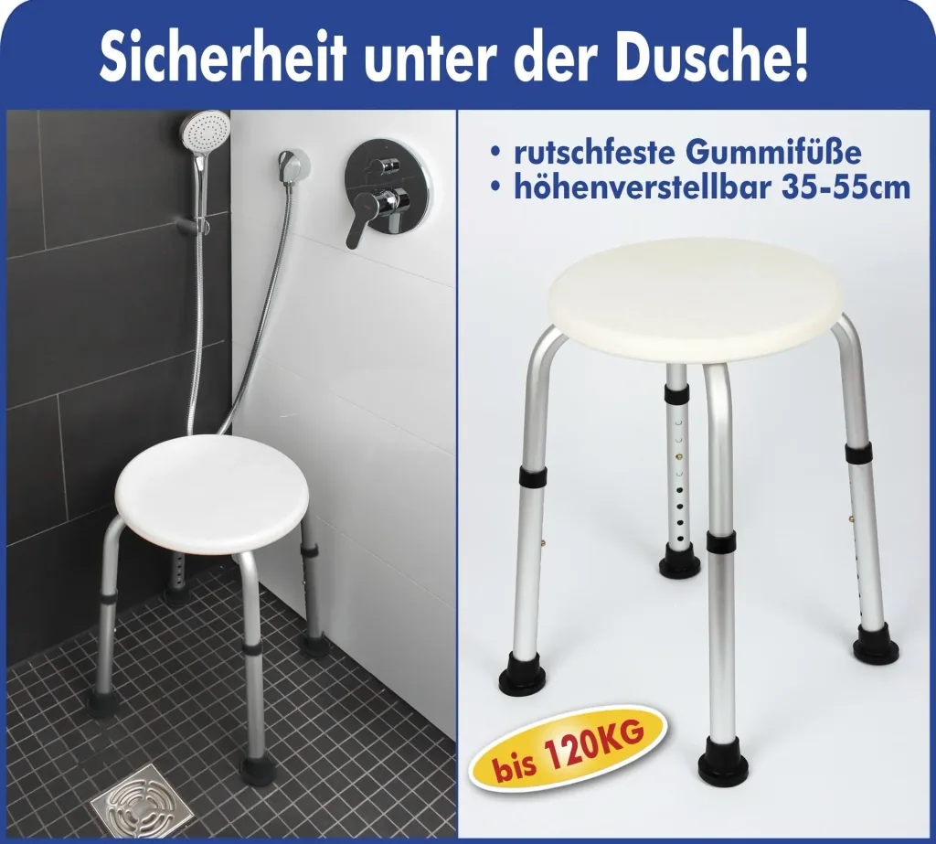 Dusch-Hocker, höhenverstellbar, Weiß/ Silberfarben