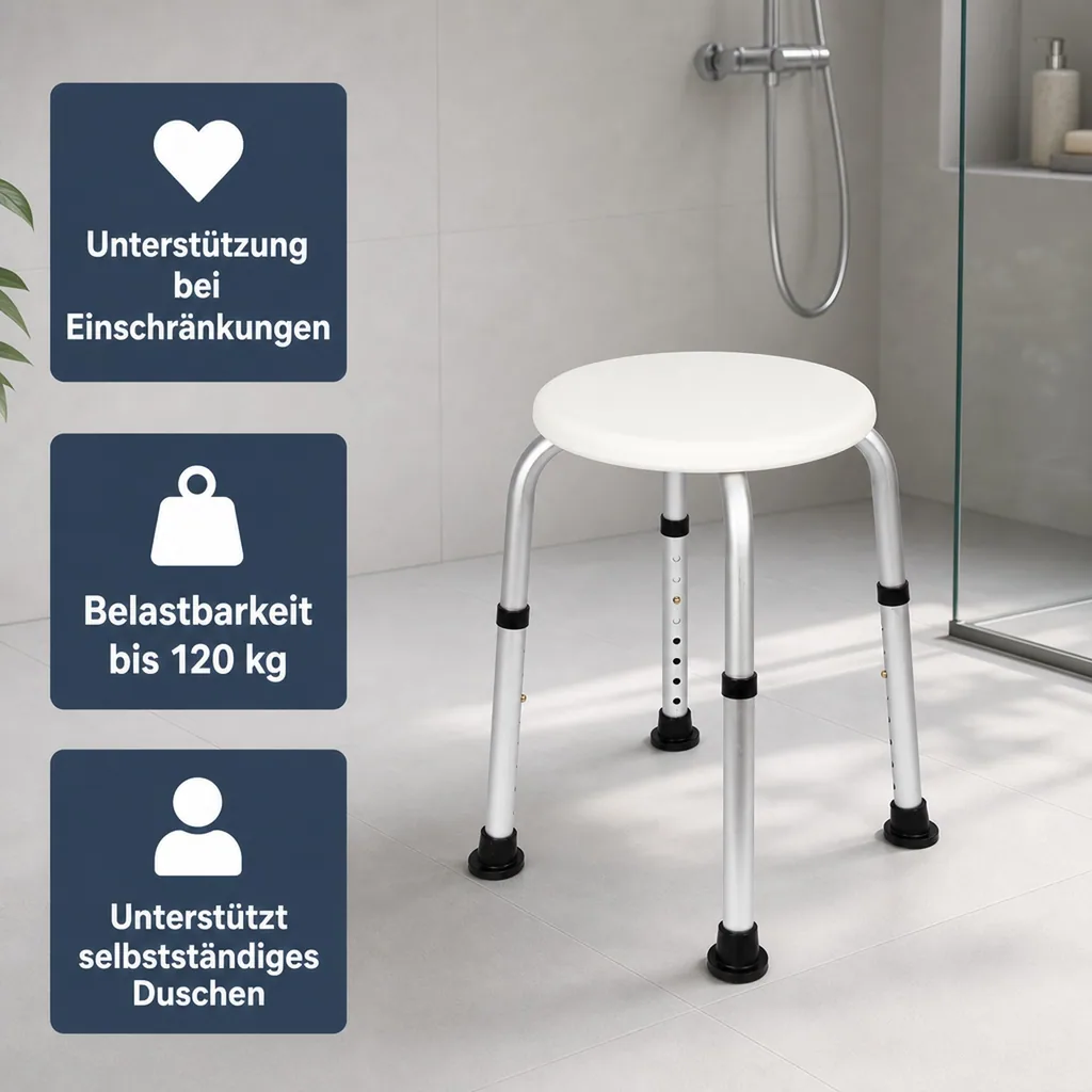 Dusch-Hocker, höhenverstellbar, Weiß/ Silberfarben