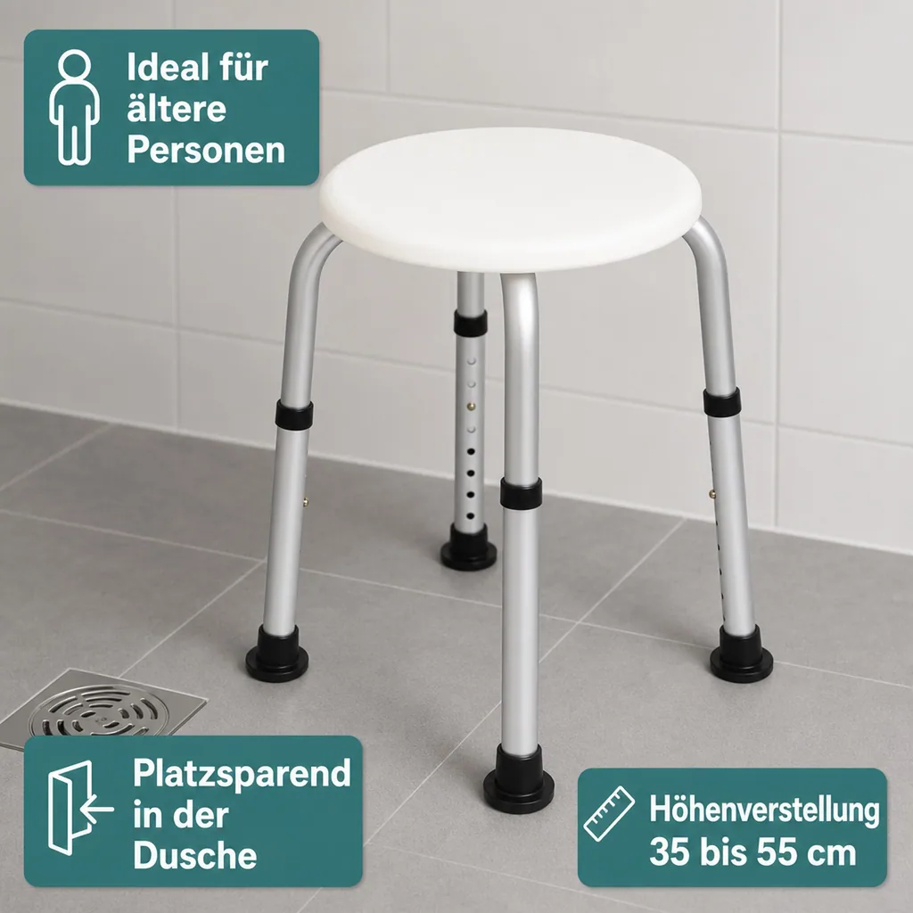 Dusch-Hocker, höhenverstellbar, Weiß/ Silberfarben