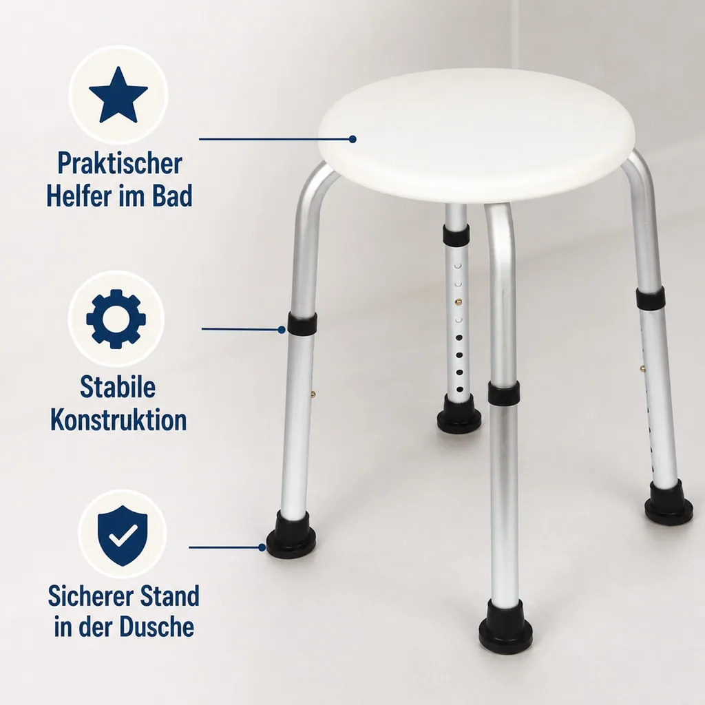 Dusch-Hocker, höhenverstellbar, Weiß/ Silberfarben