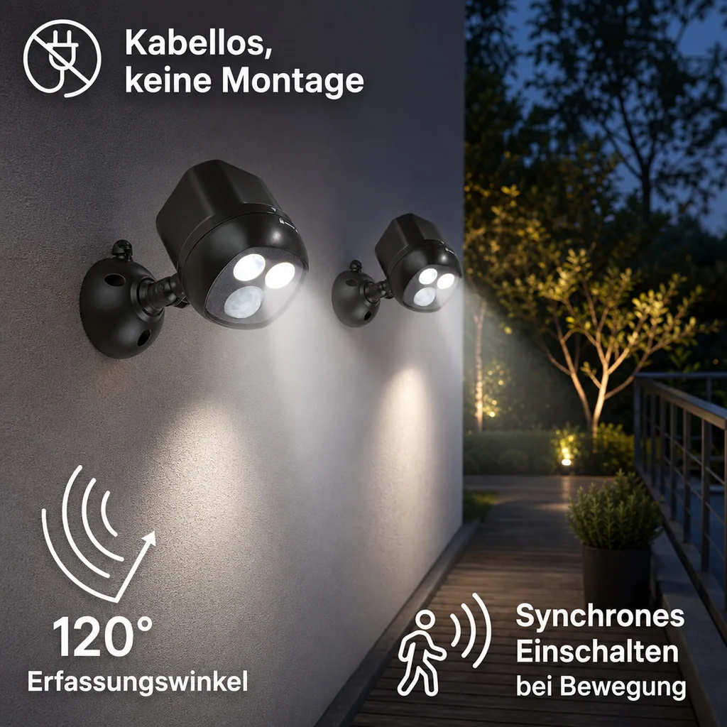 LED-Sicherheitsleuchte mit Funkkopplung, 2 Stück (Batterien nicht enthalten)