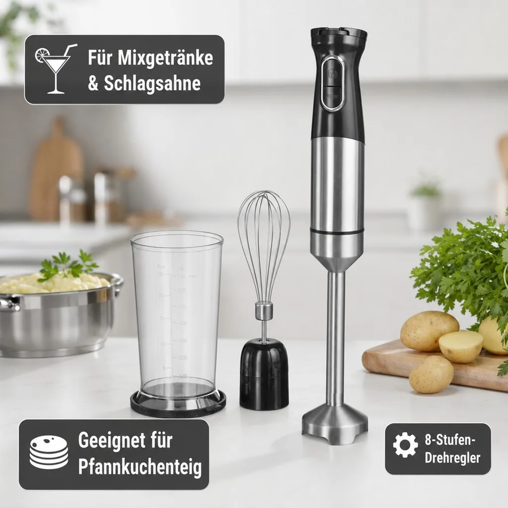 Power Stabmixer-Set 1500 Watt Edelstahl, inklusive Rührbecher & Rührbesen