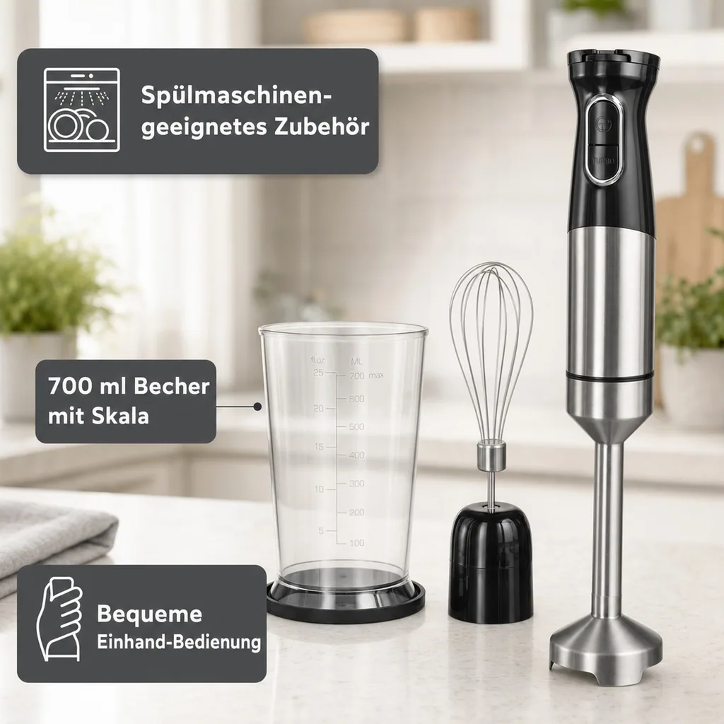 Power Stabmixer-Set 1500 Watt Edelstahl, inklusive Rührbecher & Rührbesen