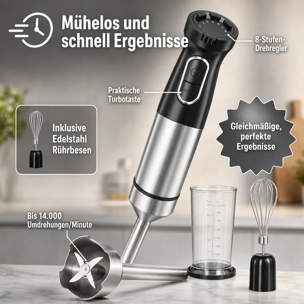 Power Stabmixer-Set 1500 Watt Edelstahl, inklusive Rührbecher & Rührbesen