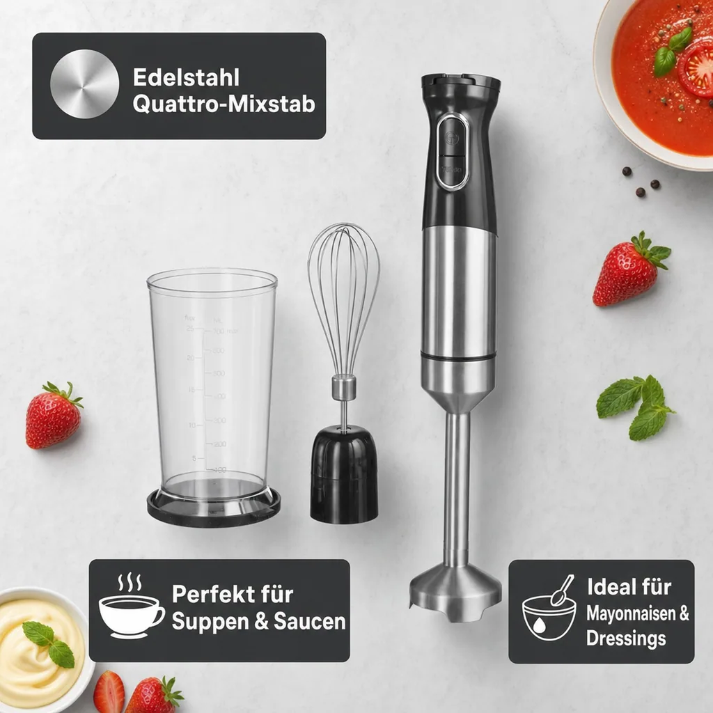 Power Stabmixer-Set 1500 Watt Edelstahl, inklusive Rührbecher & Rührbesen