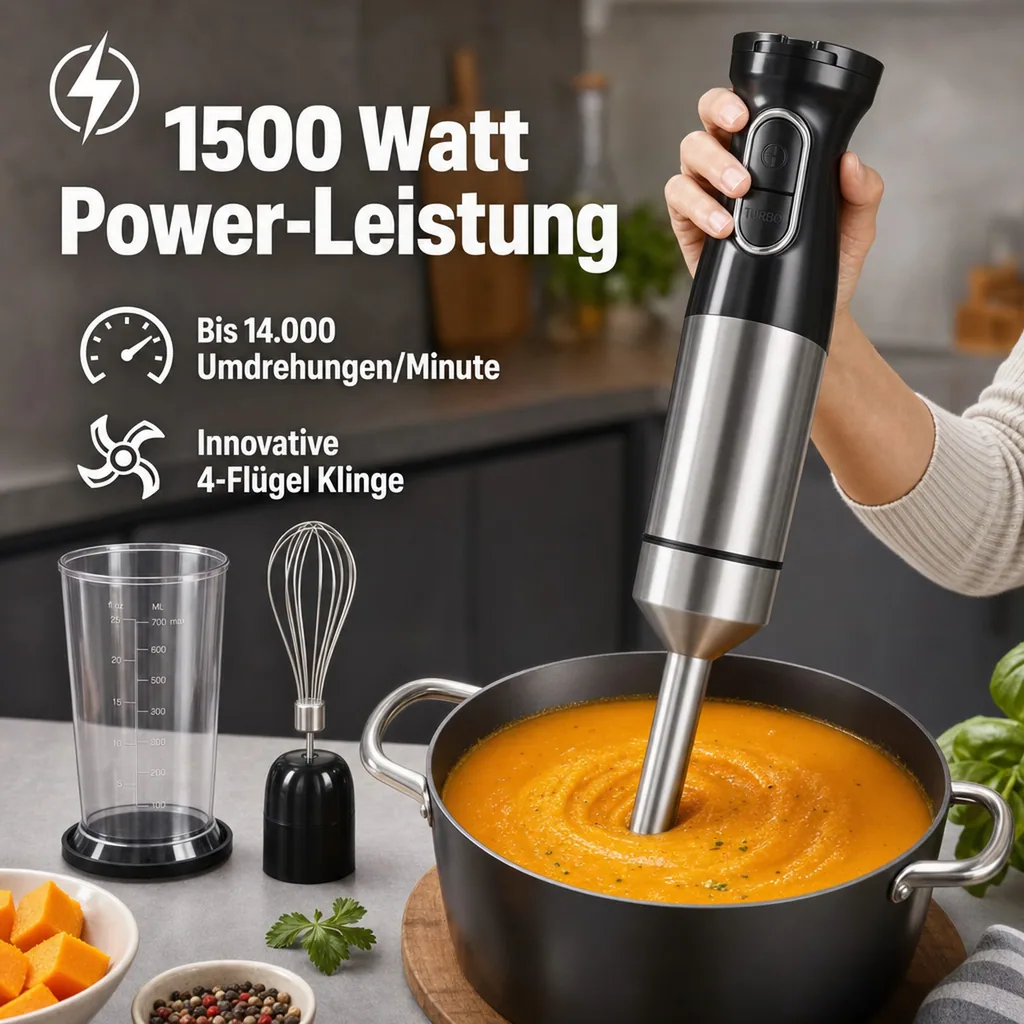 Power Stabmixer-Set 1500 Watt Edelstahl, inklusive Rührbecher & Rührbesen
