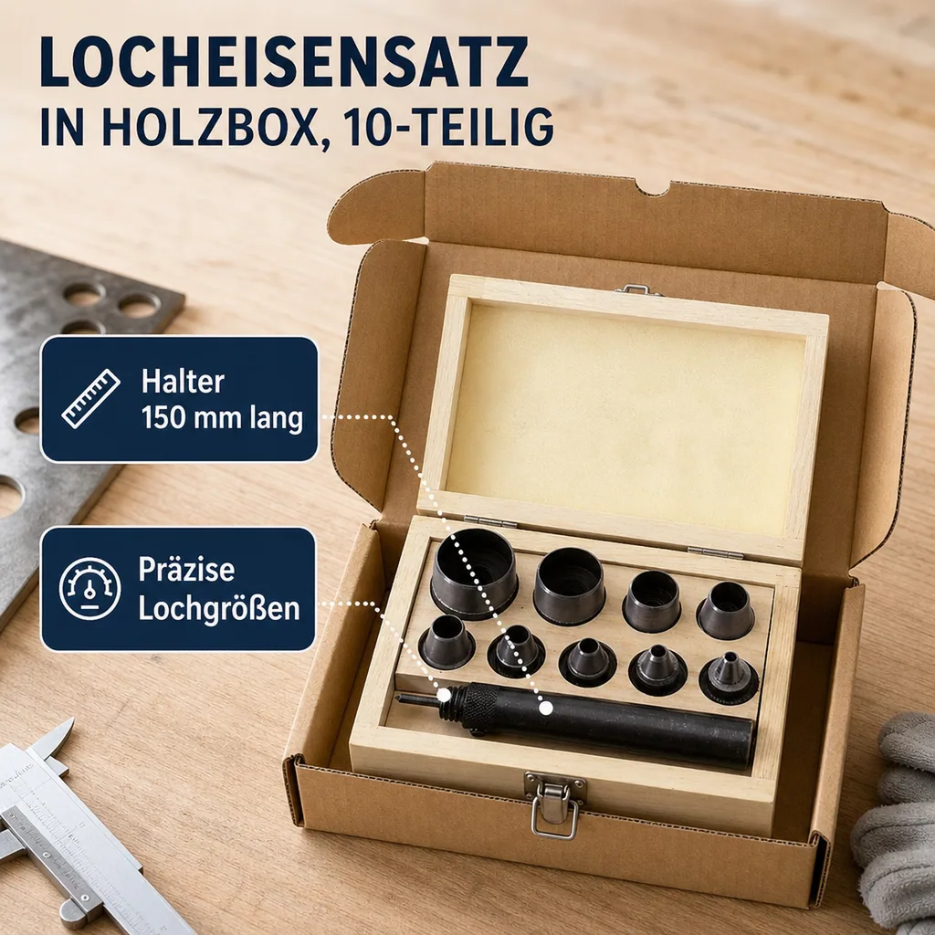 Locheisensatz in Holzbox, 10-teilig