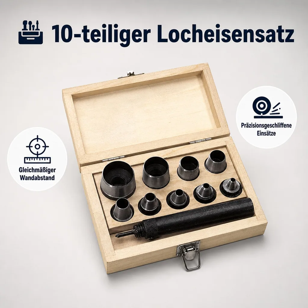 Locheisensatz in Holzbox, 10-teilig