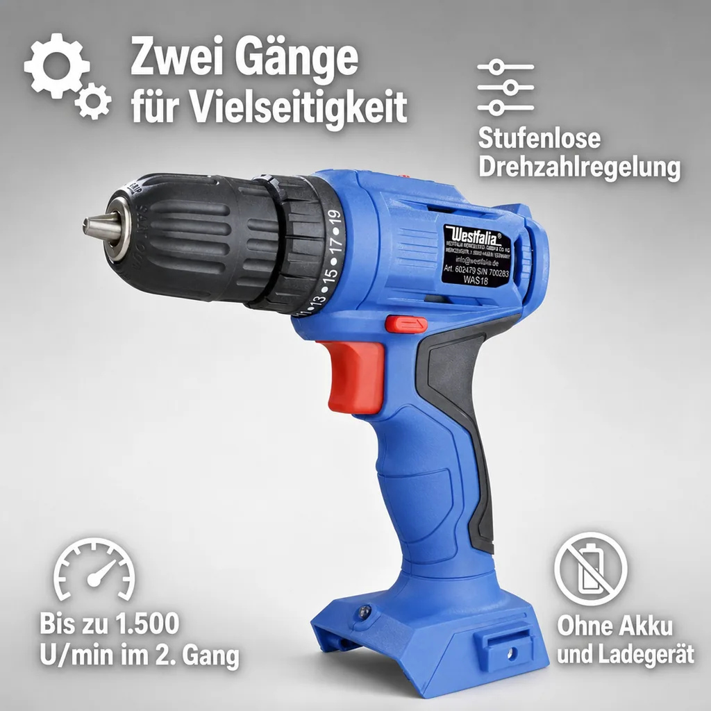 2-Gang-Akku-Bohrer WAS18 18 Volt (Ohne Akku und Ladegerät)