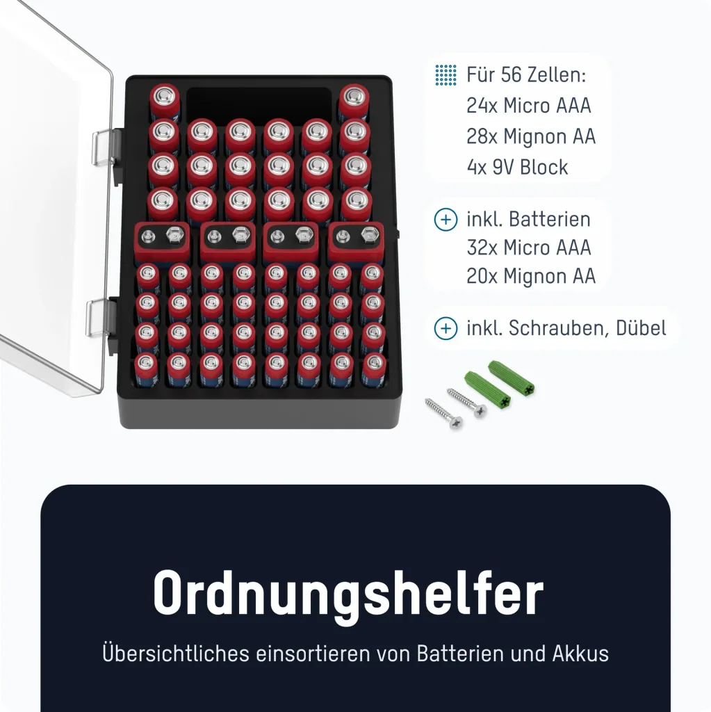 Aufbewahrungsbox für bis zu 56 Zellen, inklusive 52 Batterien