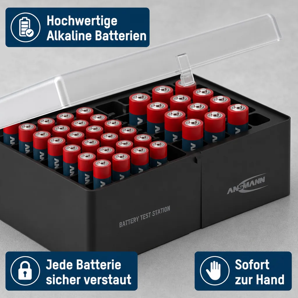 Aufbewahrungsbox für bis zu 56 Zellen, inklusive 52 Batterien
