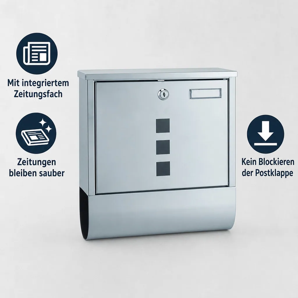 Edelstahl Briefkasten quadratisch, mit Zeitungsfach unten