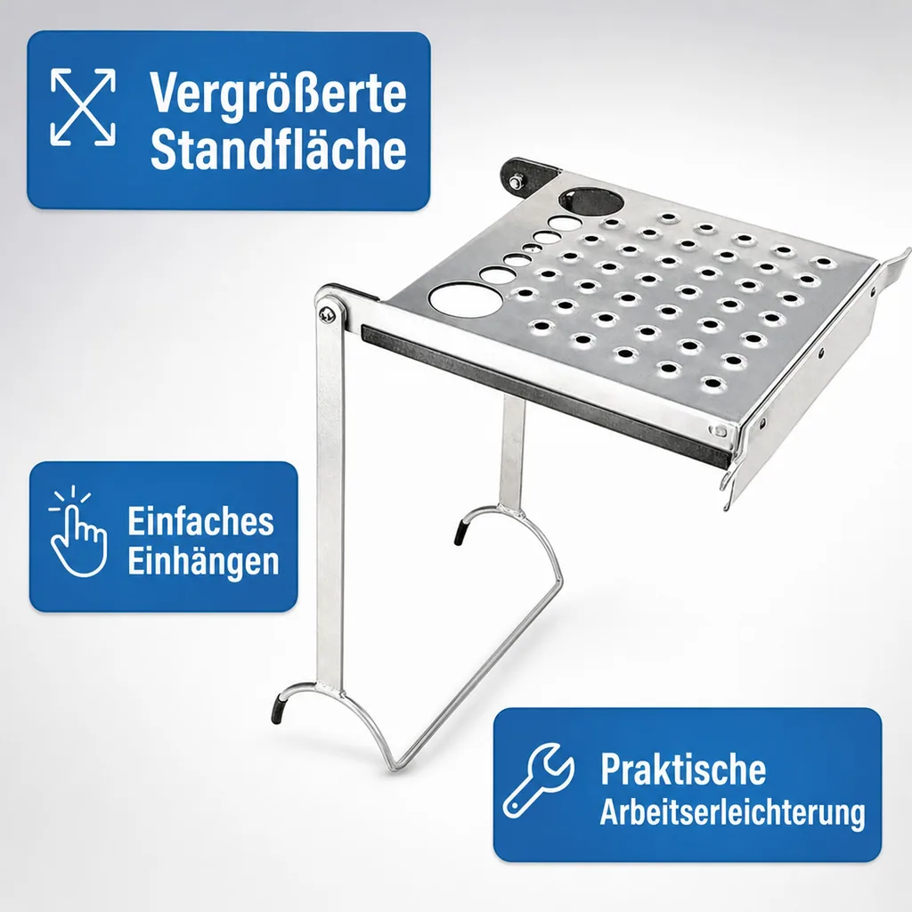 Leiter-Stehhilfe inklusive Werkzeugauflage für jede Sprossenleiter