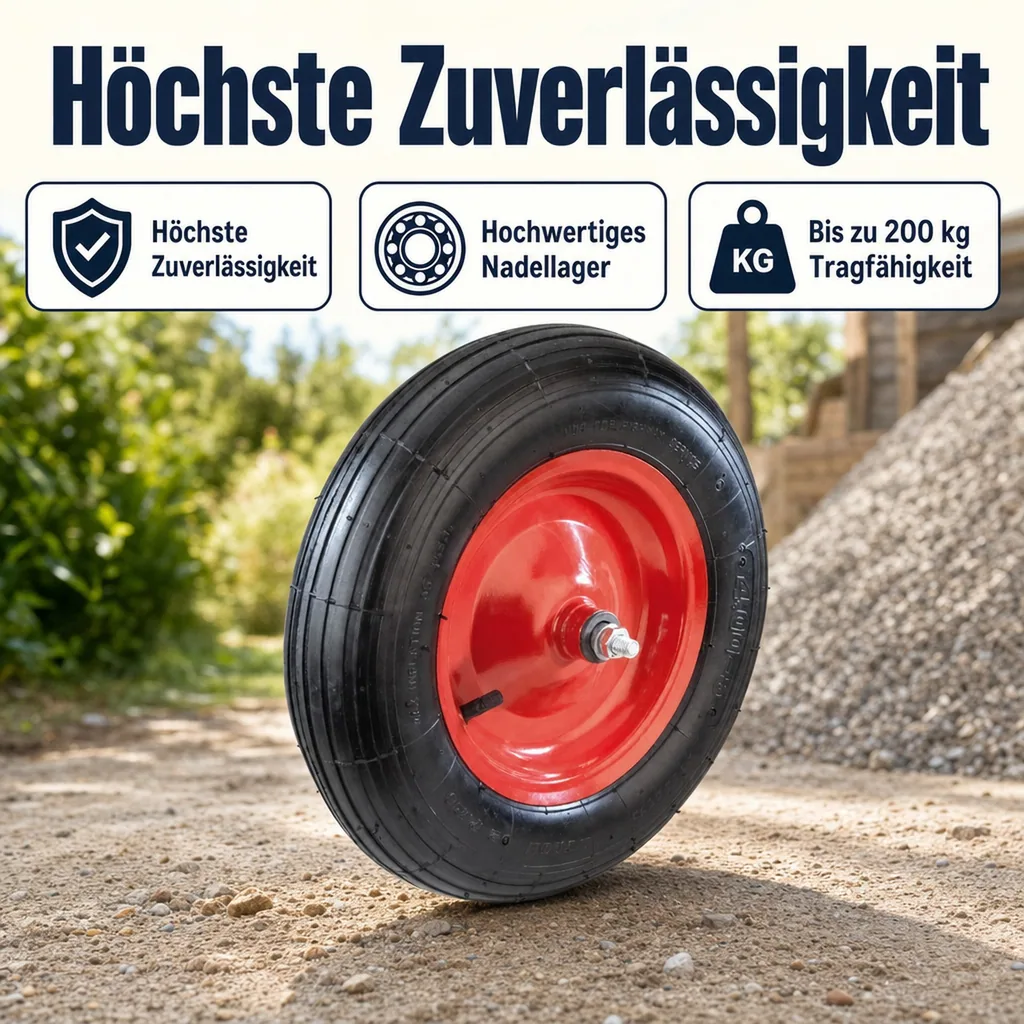 Schubkarrenrad mit Achse, Bohrung 20 mm, Gewinde 12 mm, 1 Stück