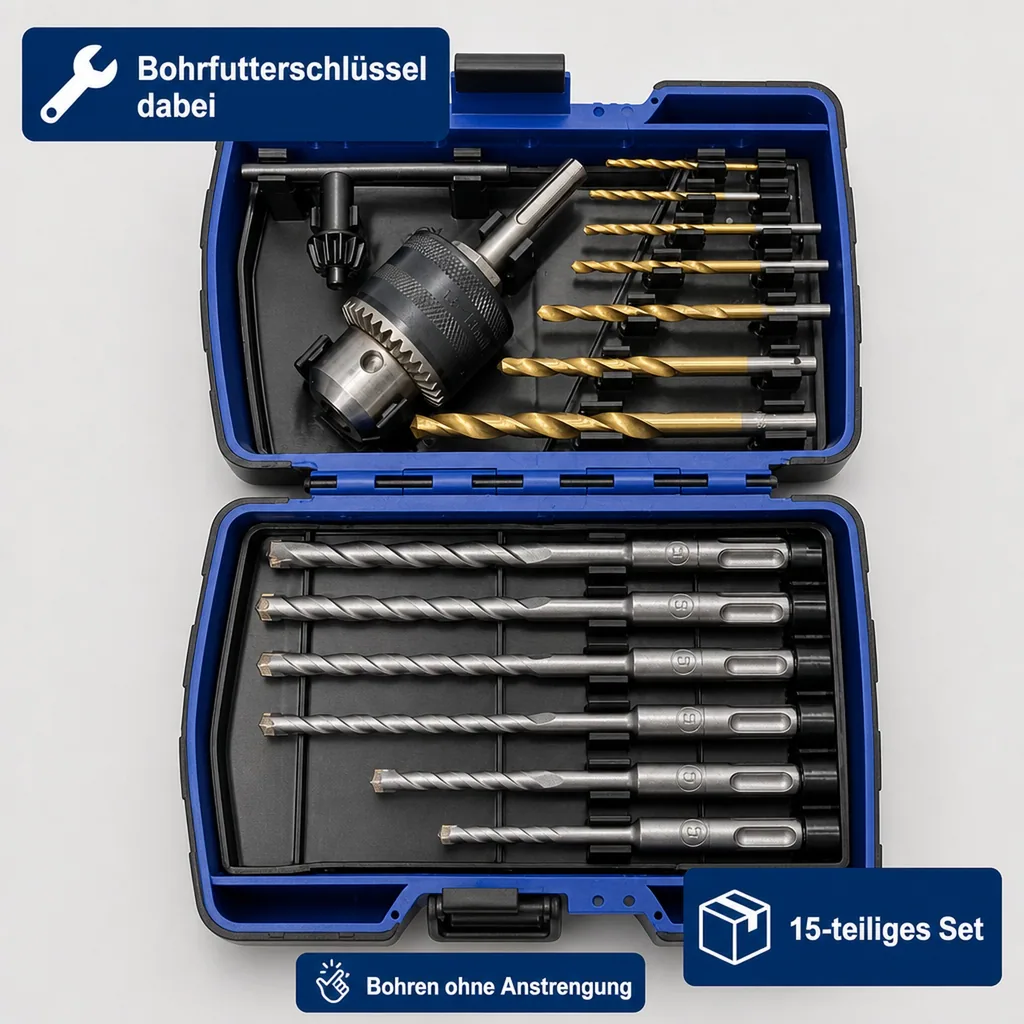Rundschaft & SDS Bohrer Set inklusive Bohrfutter 15-teilig