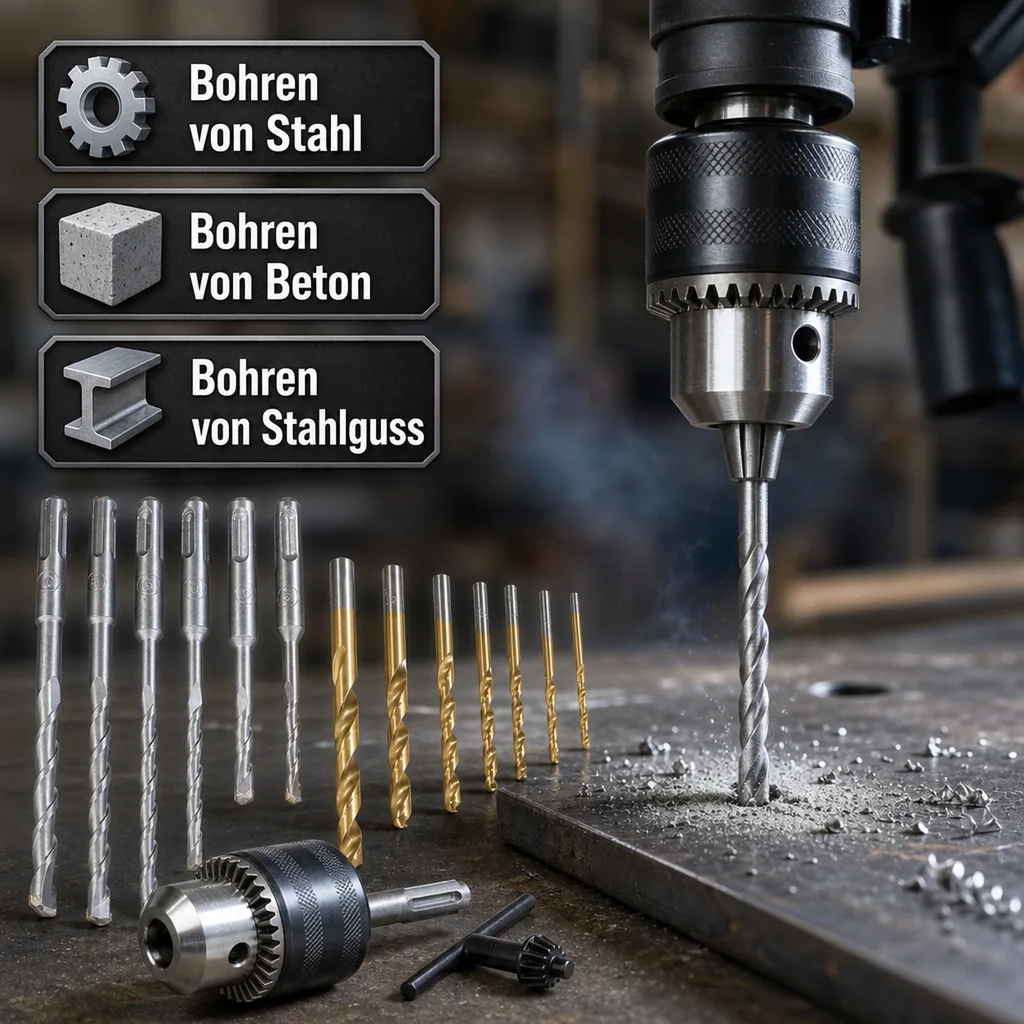 Rundschaft & SDS Bohrer Set inklusive Bohrfutter 15-teilig