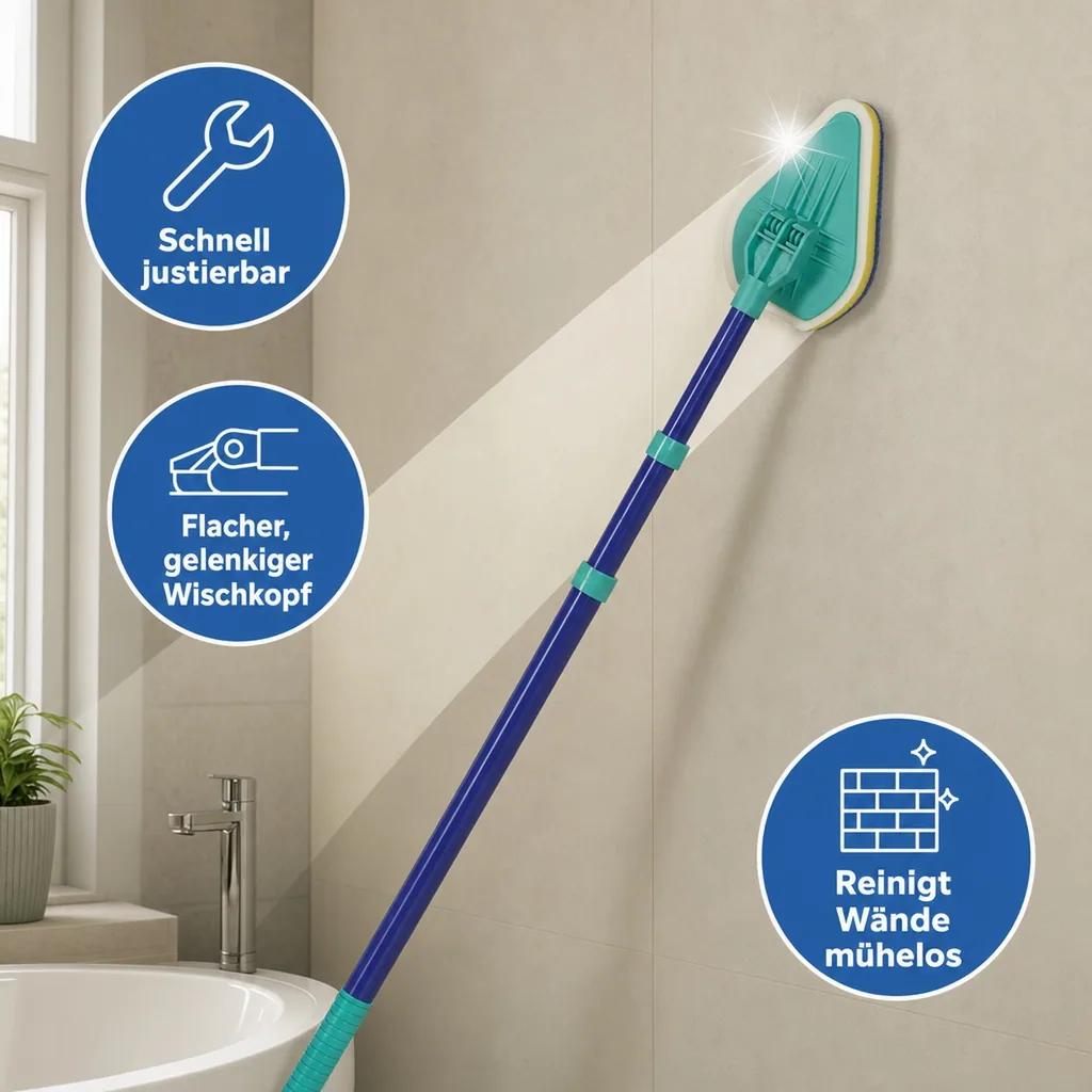 Bad-Wischer, Wischmopp mit Schwammbürste & Teleskopstiel, spezielle Wischform, ausziehbar 45-90 cm