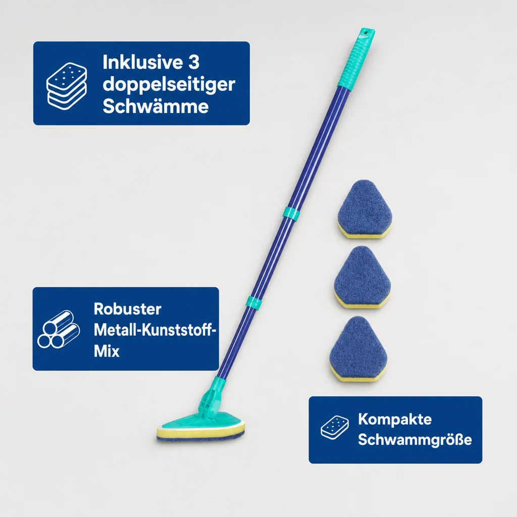 Bad-Wischer, Wischmopp mit Schwammbürste & Teleskopstiel, spezielle Wischform, ausziehbar 45-90 cm