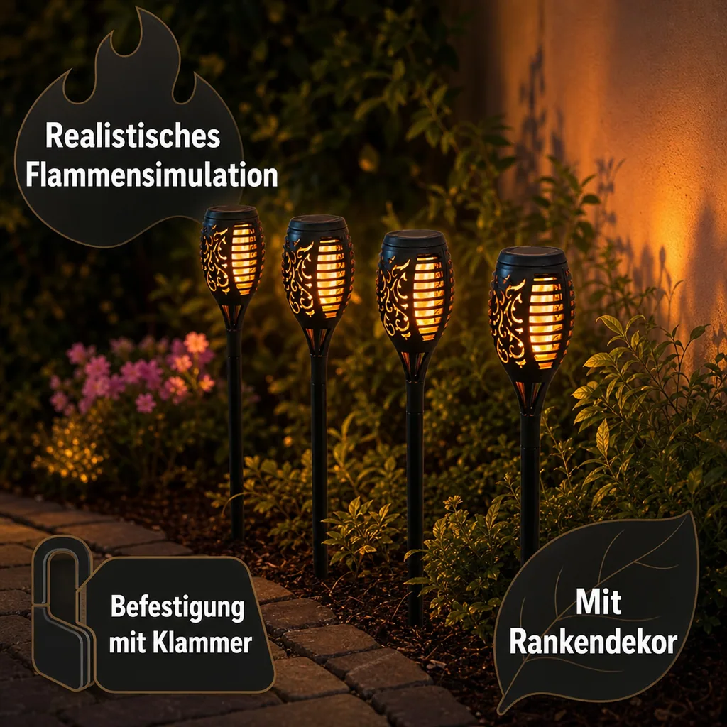 Solar-Gartenstecker "Flame" mit Befestigungshalterung, 4er-Set