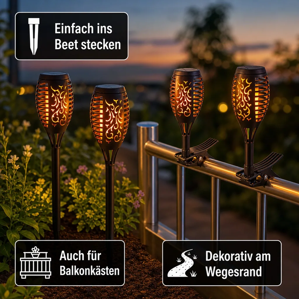 Solar-Gartenstecker "Flame" mit Befestigungshalterung, 4er-Set