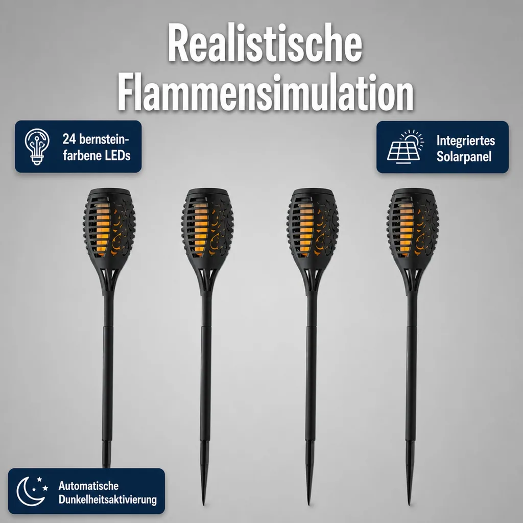 Solar-Gartenstecker "Flame" mit Befestigungshalterung, 4er-Set