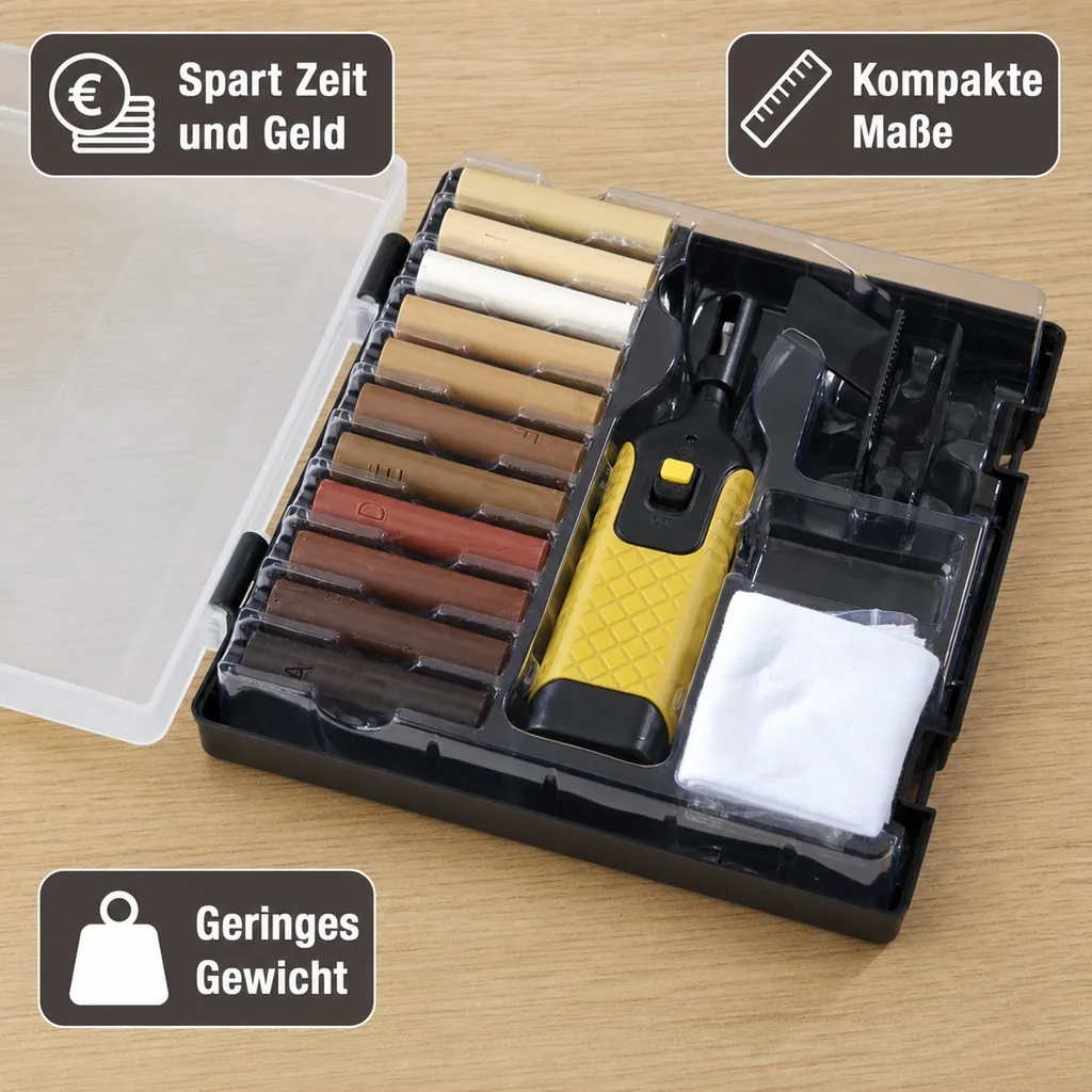 Reparatur-Set für Laminat und Parkett mit 11 Farben Hartwachsstangen