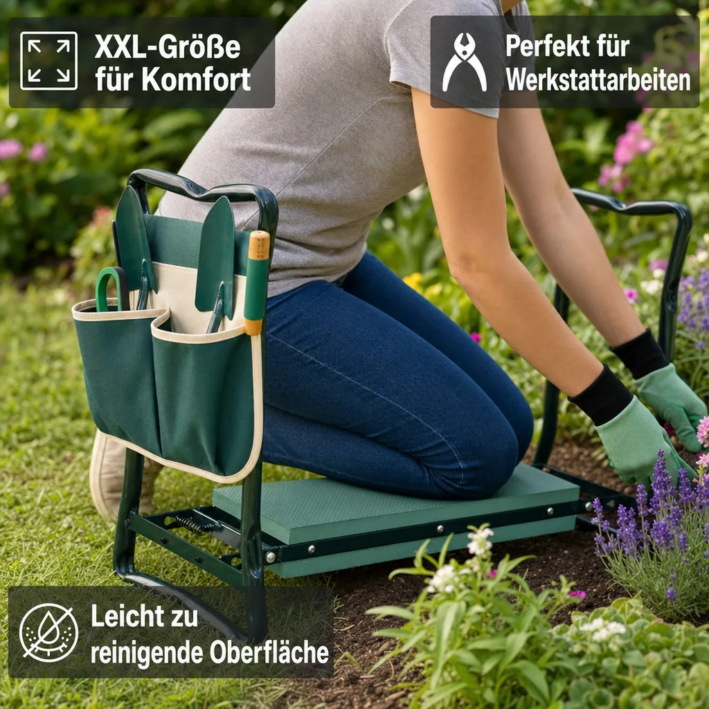 Sitz- und Kniebank 2 in 1 XXL, belastbar bis 150 kg, inklusive Werkzeugtasche