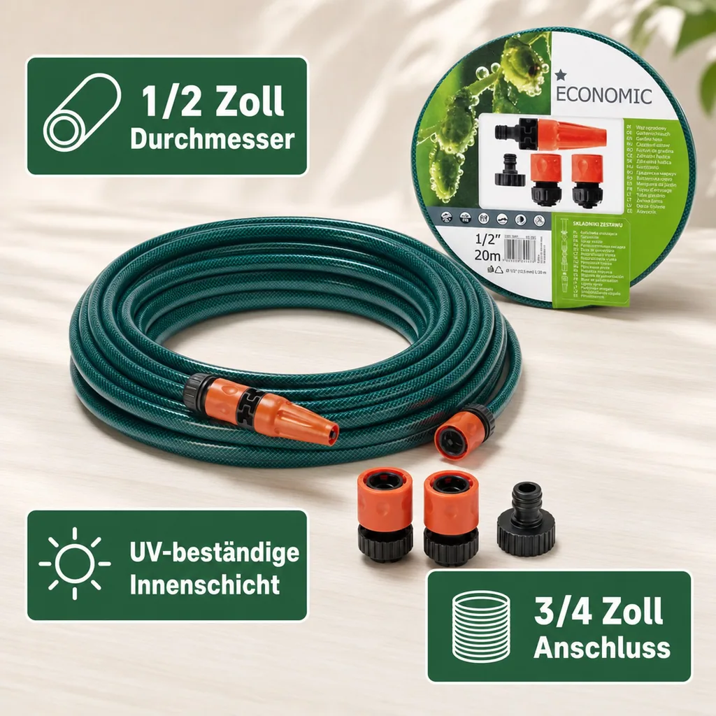 Gartenschlauch 20 m, 1/2", inklusive Spritze