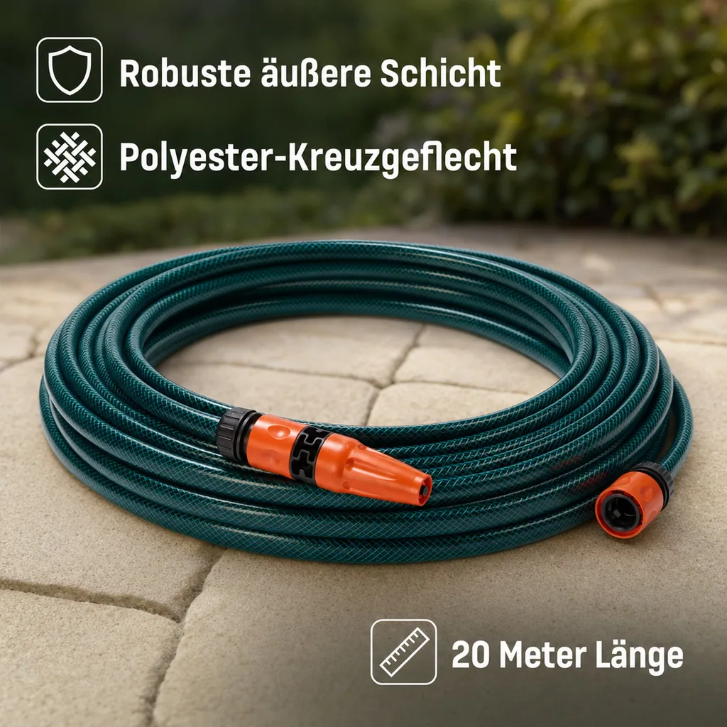 Gartenschlauch 20 m, 1/2", inklusive Spritze
