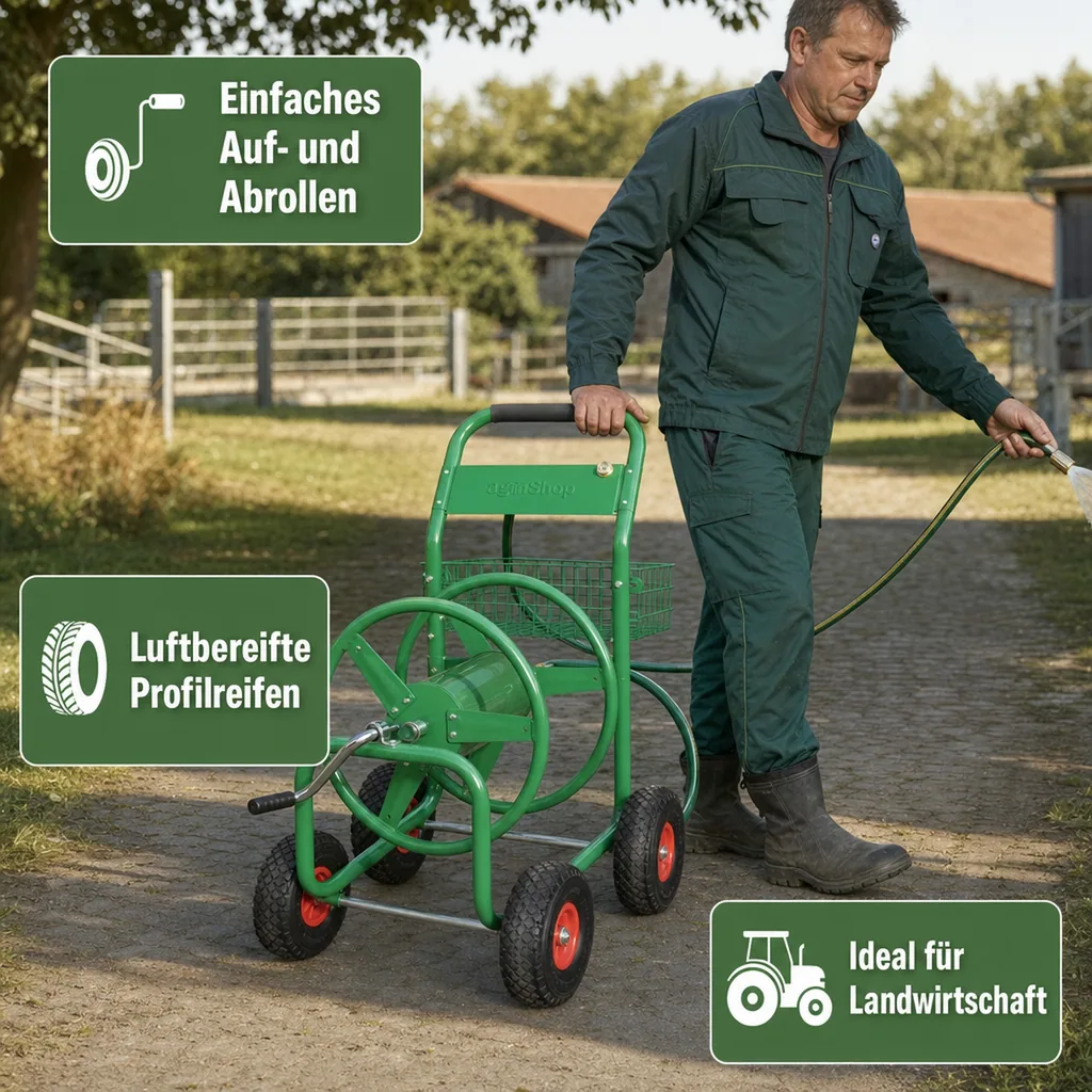 Schlauchtrommelwagen, 91 m für 1/2"-5/8" Schlauch, inklusive Ablagekorb